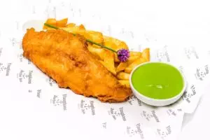 Vaughan's Fish & Chips with fresh pea sauce